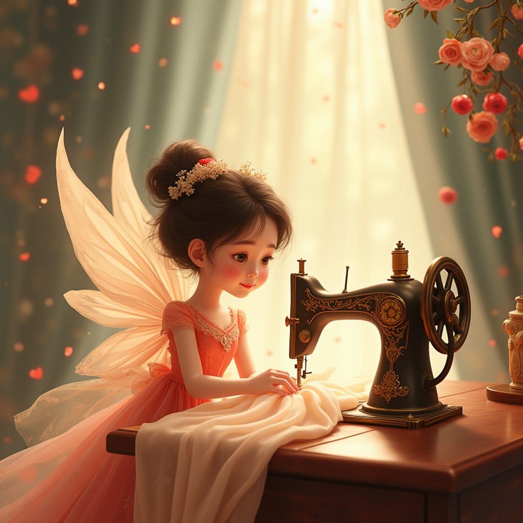 Fairy Operates Vintage Sewing Machine Creating Wedding Dress