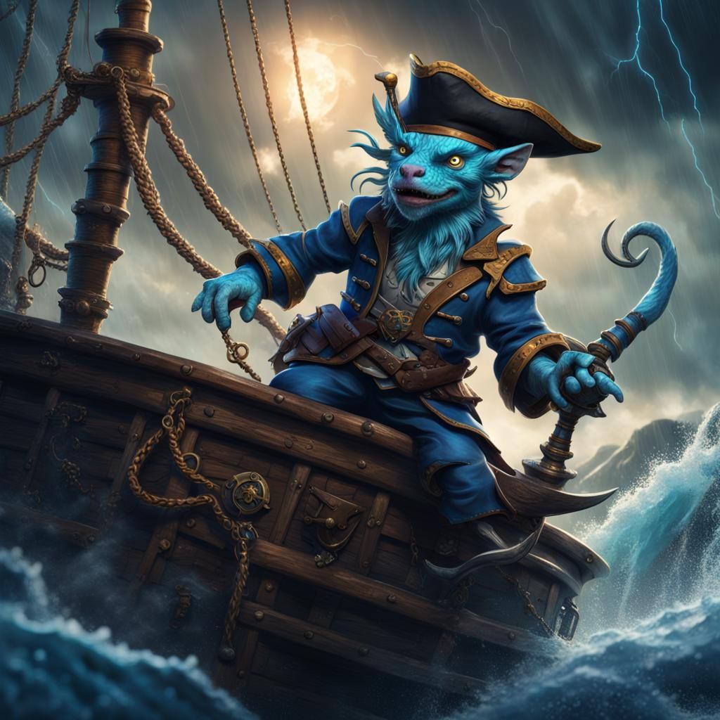 Blue Kobold Pirate Ship Amidst Stormy Seas