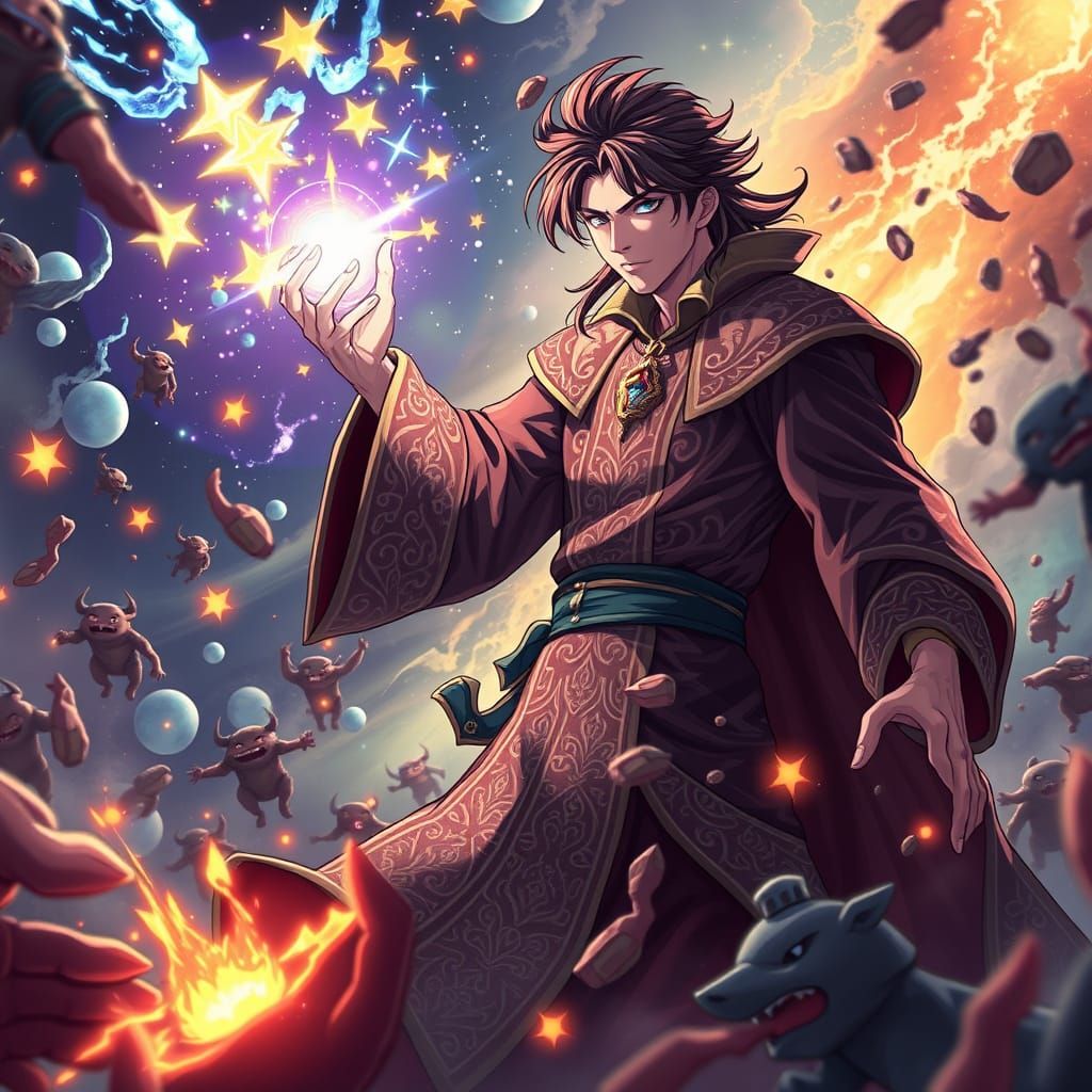 Mystical Mage Battles Goblins in Vibrant Anime Style