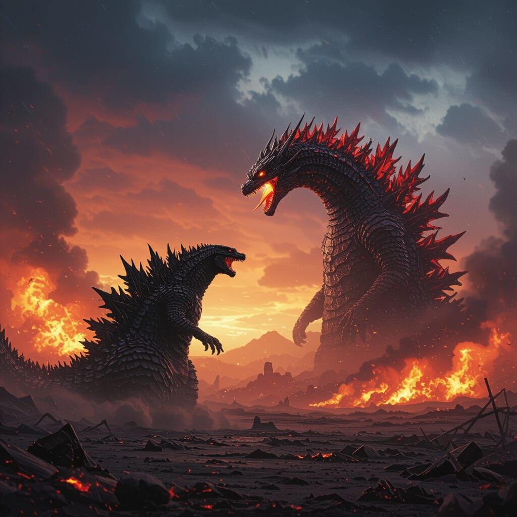 Shin Godzilla Battles Fiery Dragon in Ash Landscape