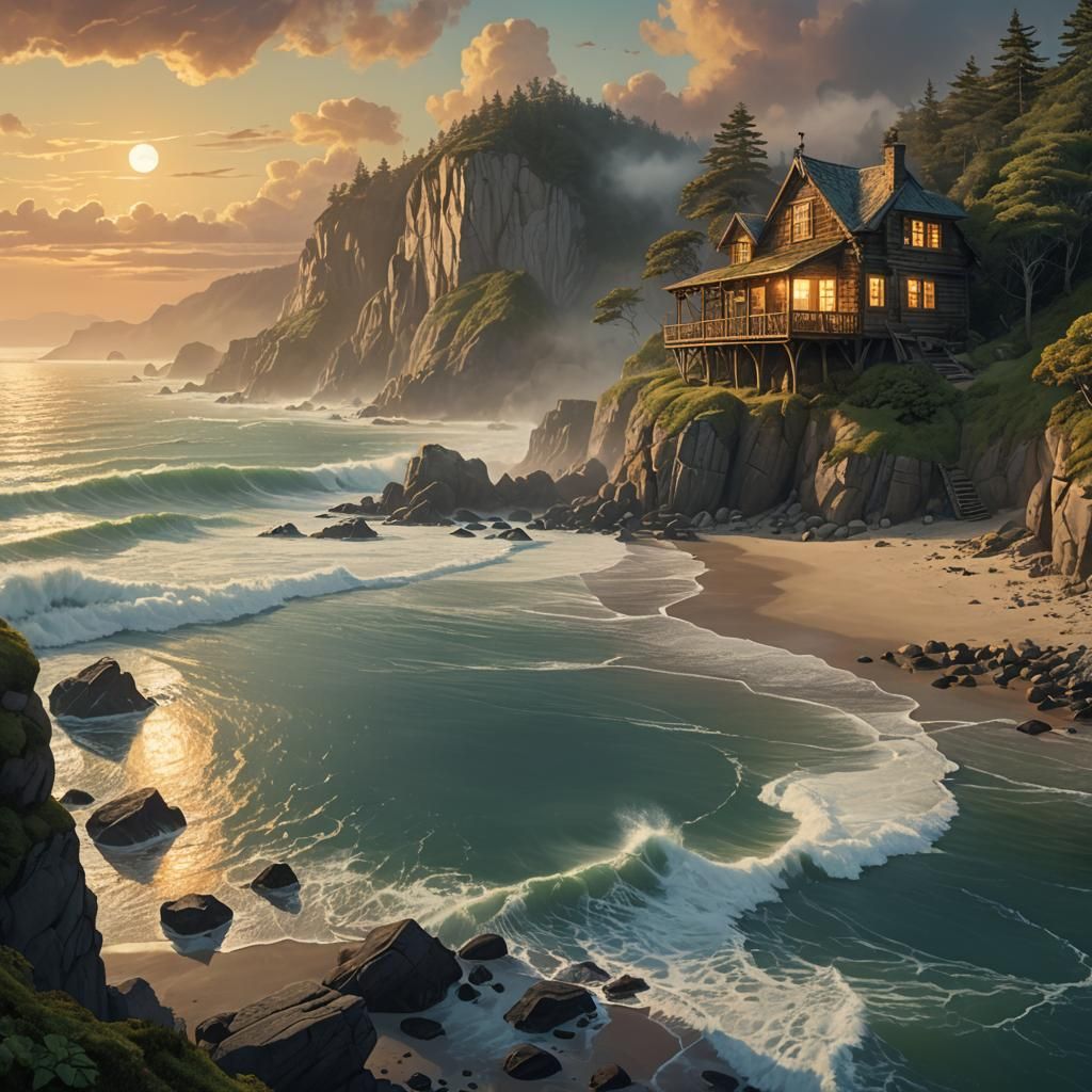 Cliffside Cabin in Golden Hour Light