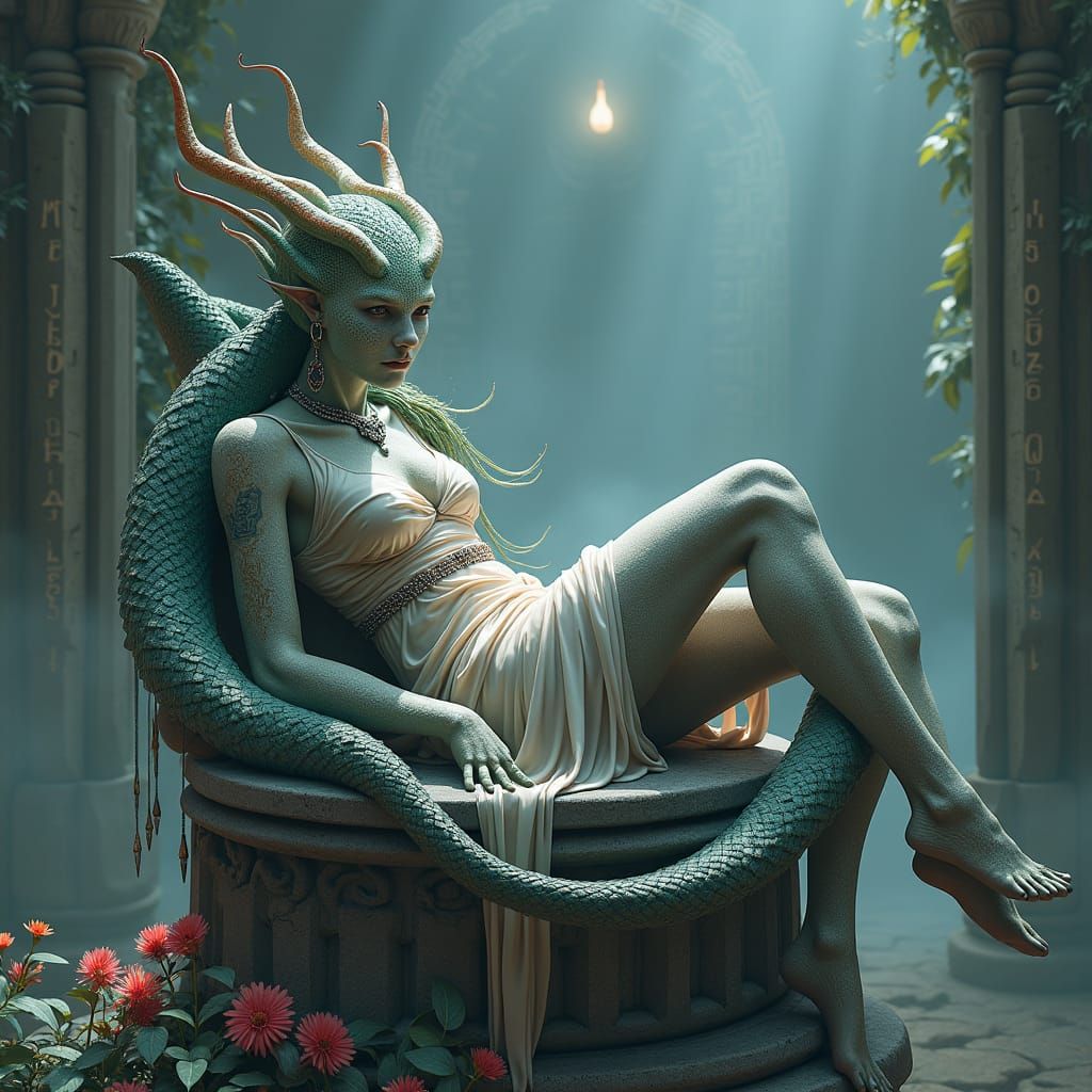 Mystical Serpent Woman on Stone Pedestal