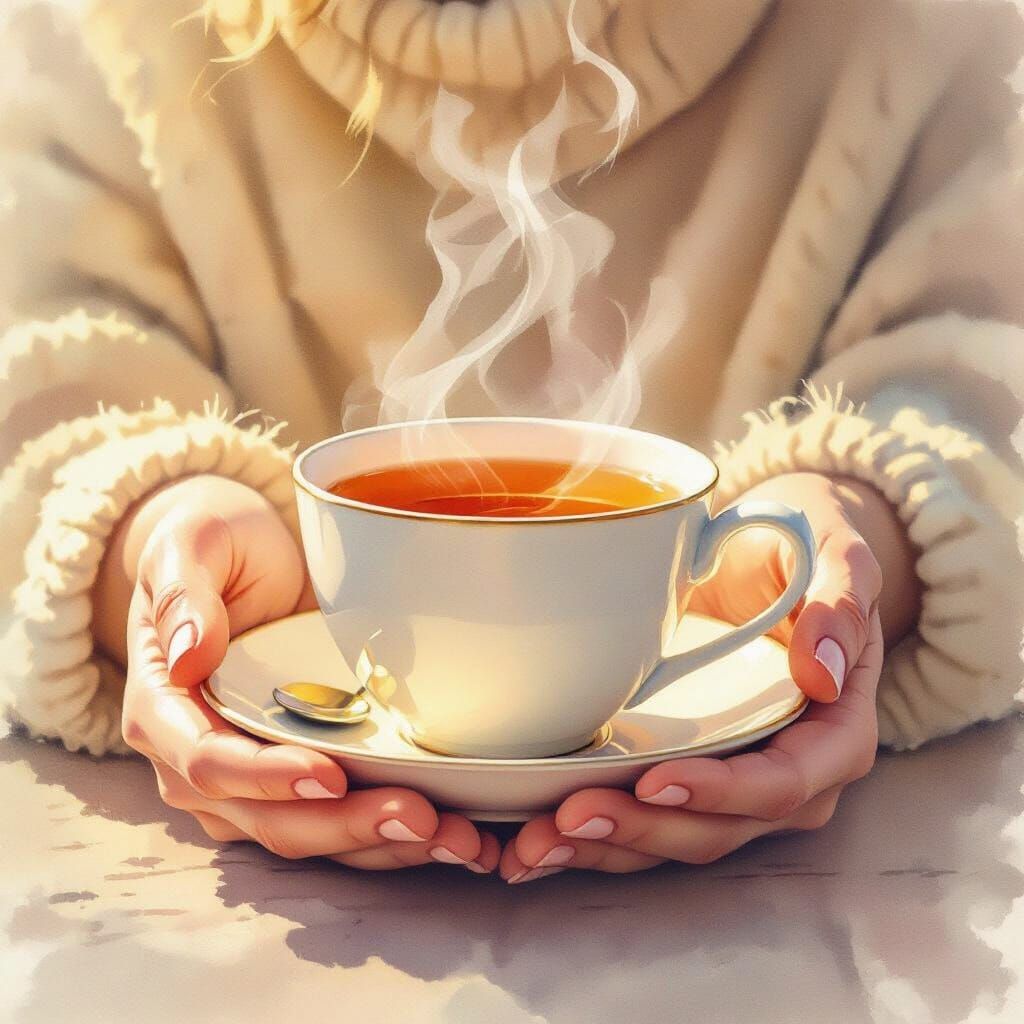 Cozy Watercolor Tea Scene with Warm Golden Light