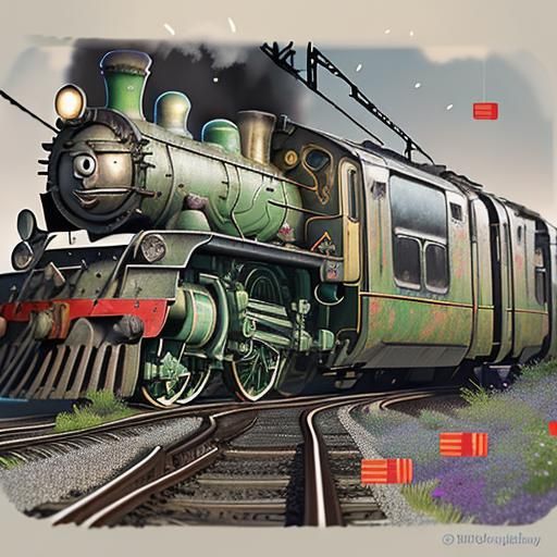 Low-angle shot, Close-up. An anthropomorphic train, with a h...