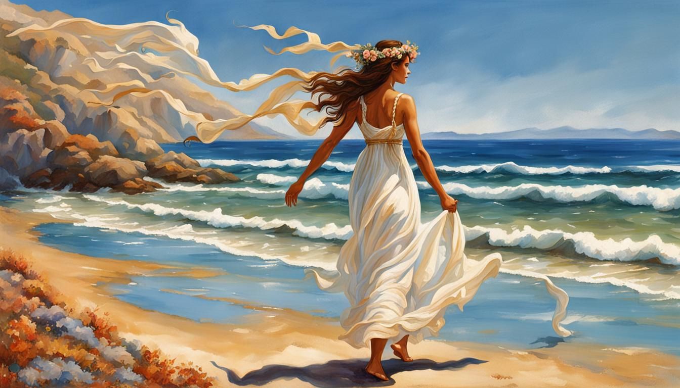Greek Goddess Walking on a Beach