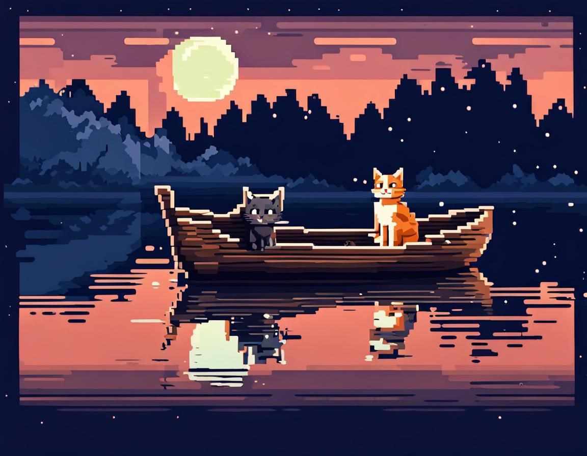 Pixel Art Cat Relaxing on Boat Under Moon