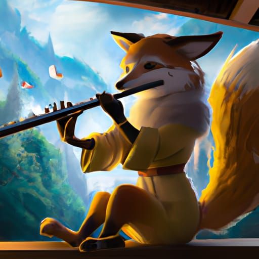 Japanese Fox Playing Flute in Ghibli Anime Style