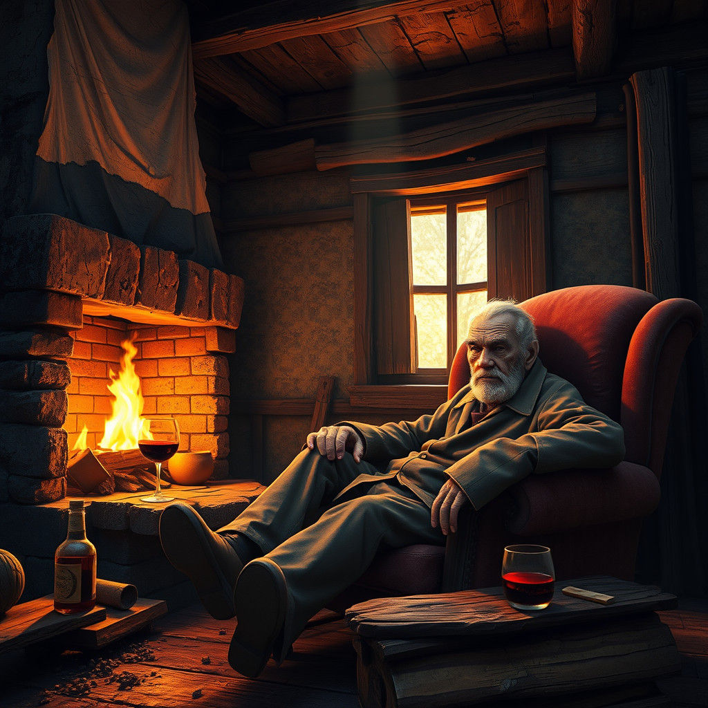 Elderly Man in Dilapidated House, Studio Ghibli Style