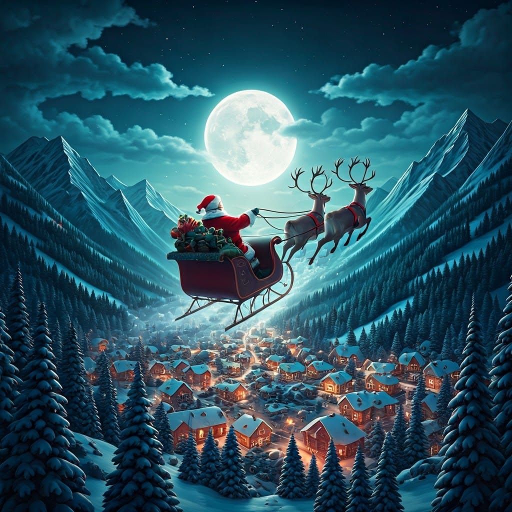 Christmas Santa in Vintage Style Soars Above Vibrant Village