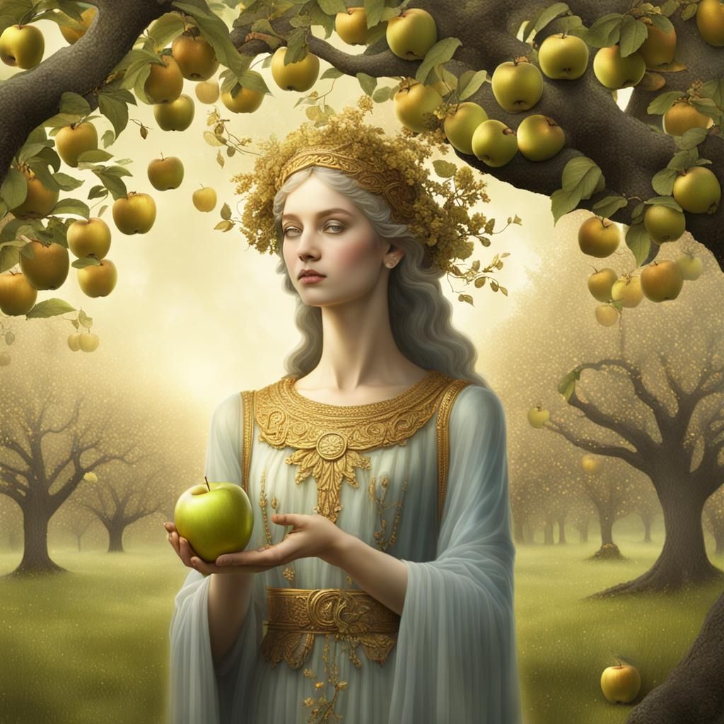 Goddess Eris in Ethereal Orchard with Apple
