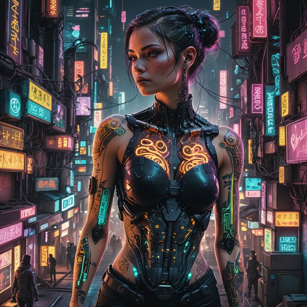 Cyberpunk Bio-Tech Human in Neon Cityscape