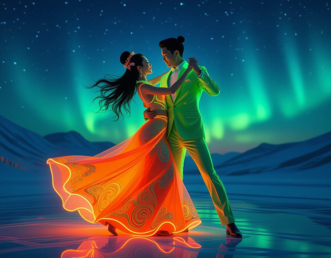 Futuristic Neon Dance Under Aurora Borealis