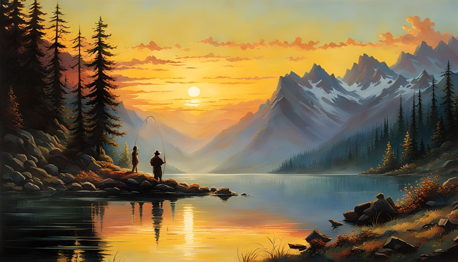 Mountain Lake Sunrise: Folk Art Oil Painting