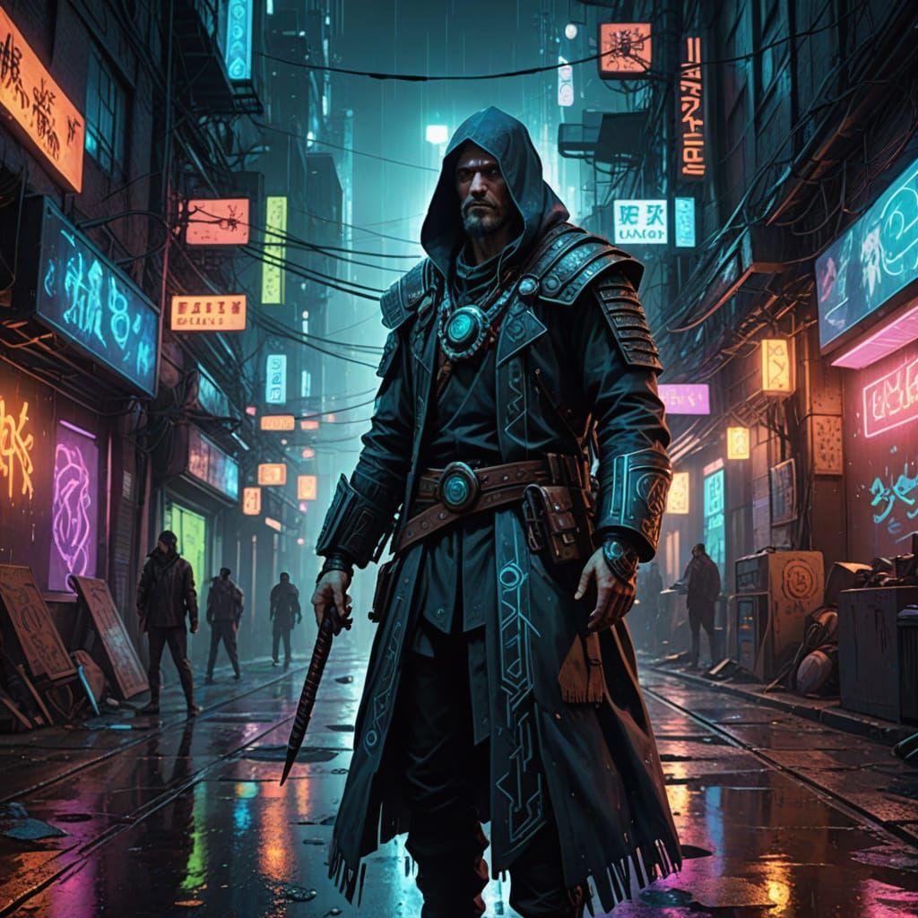 Slavic Shaman in Cyberpunk Alley with Digital Magic
