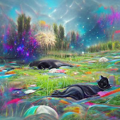 Cosmic Black Cat Asleep in Meadow Illustration