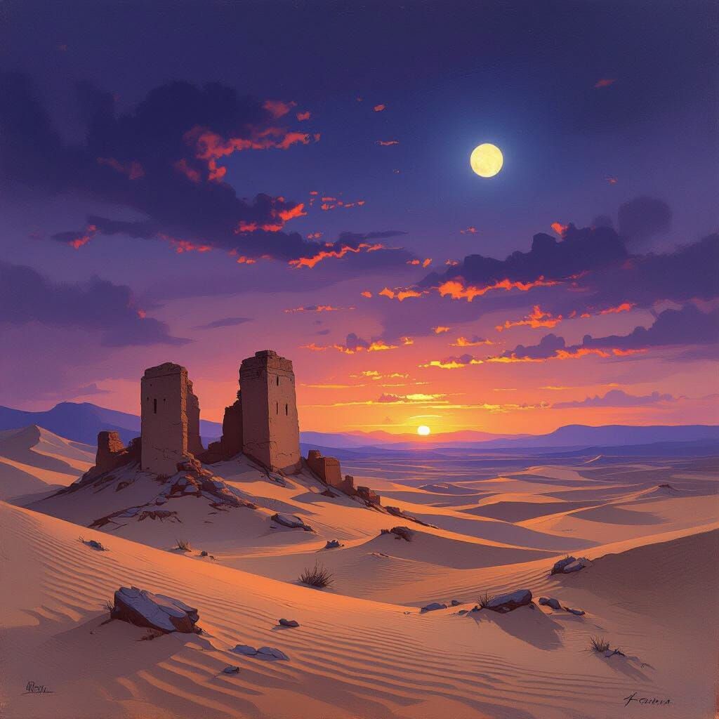 Desert Twilight Ruins Under Fiery Sky