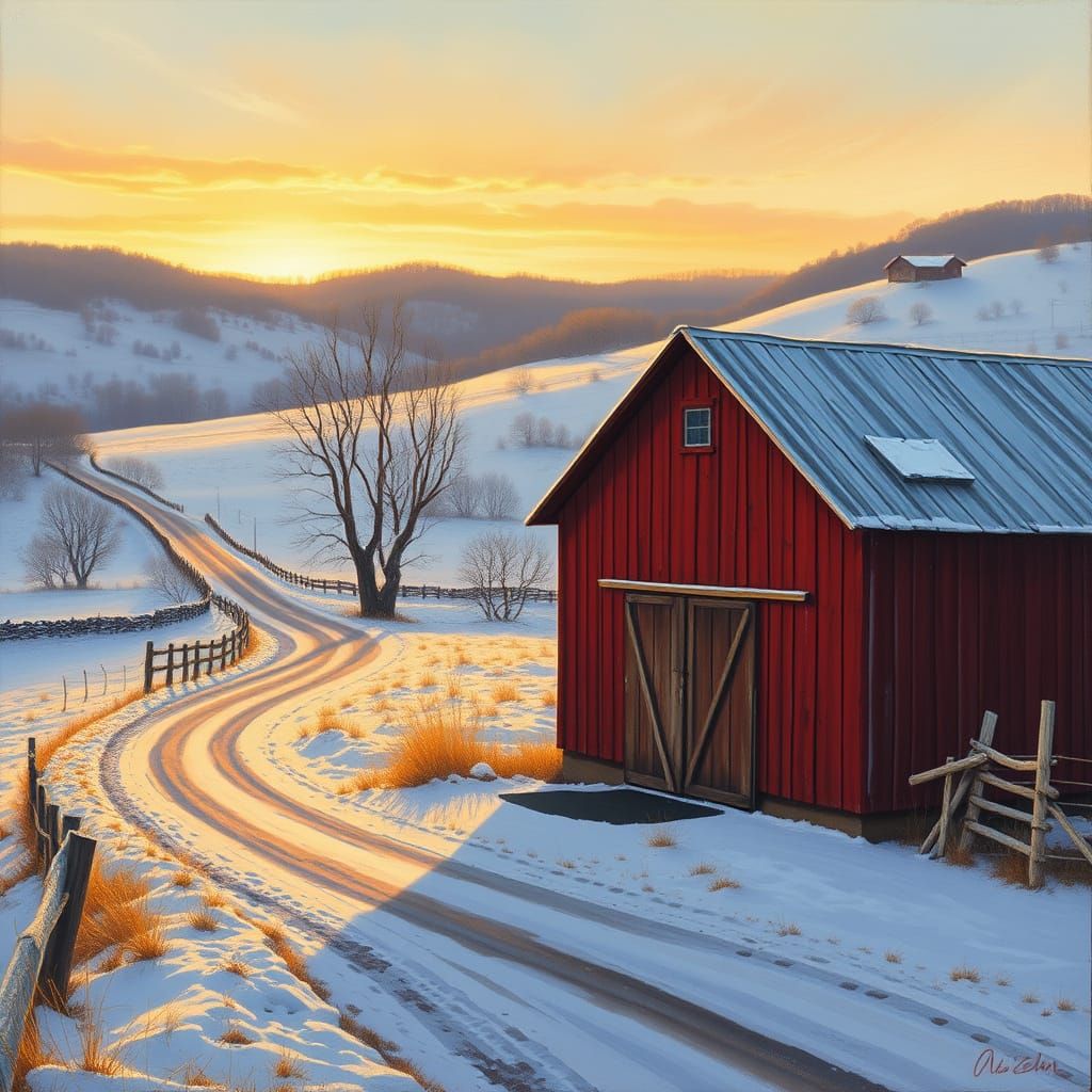 Rustic Red Barn in Winter Landscape