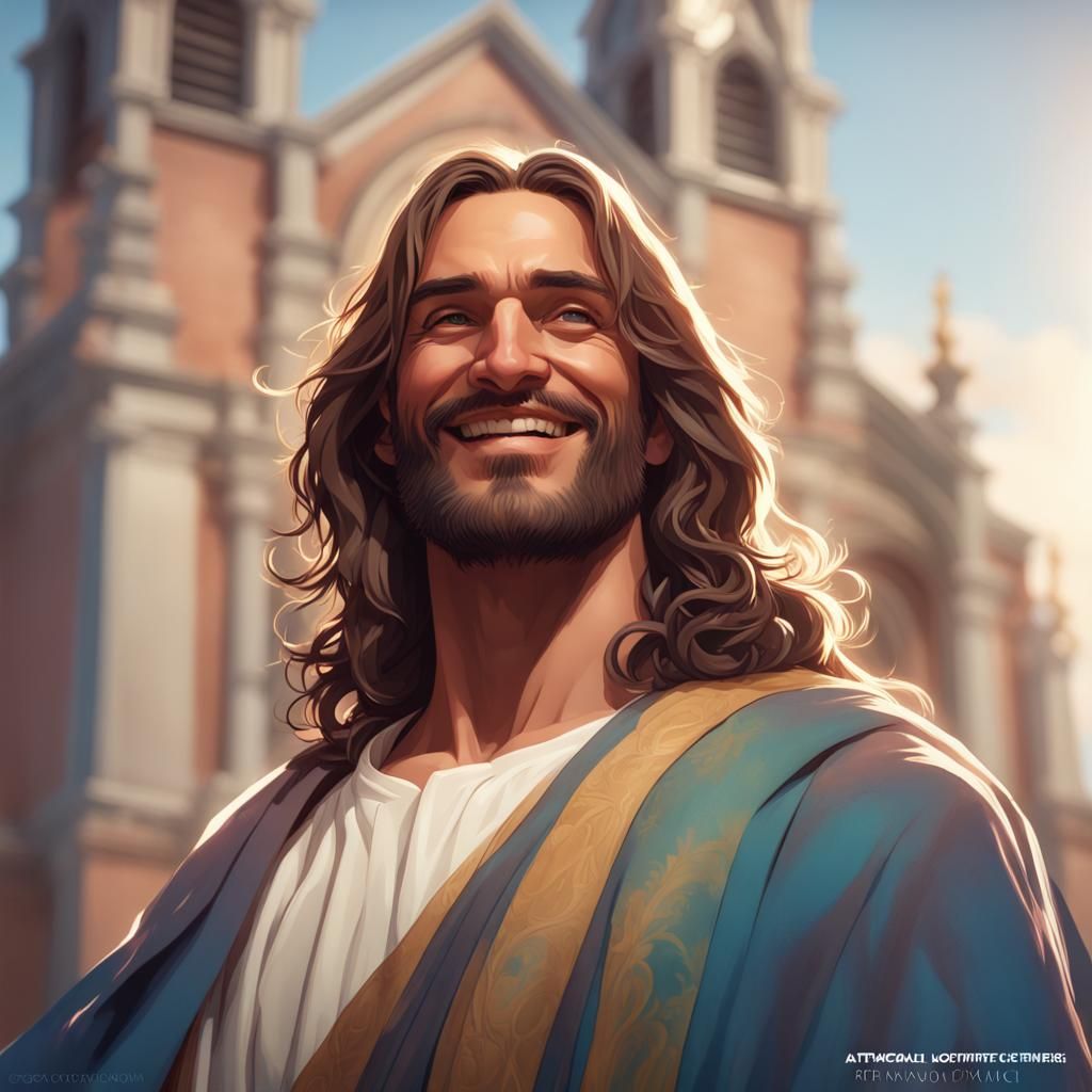 Smiling Jesus Portrait in Front of Church