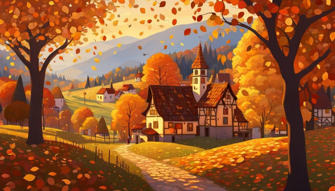 Klimt Style: Village in Autumn Landscape with Golden Light