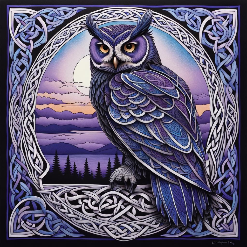 Detailed Celtic Owl with White Outlines