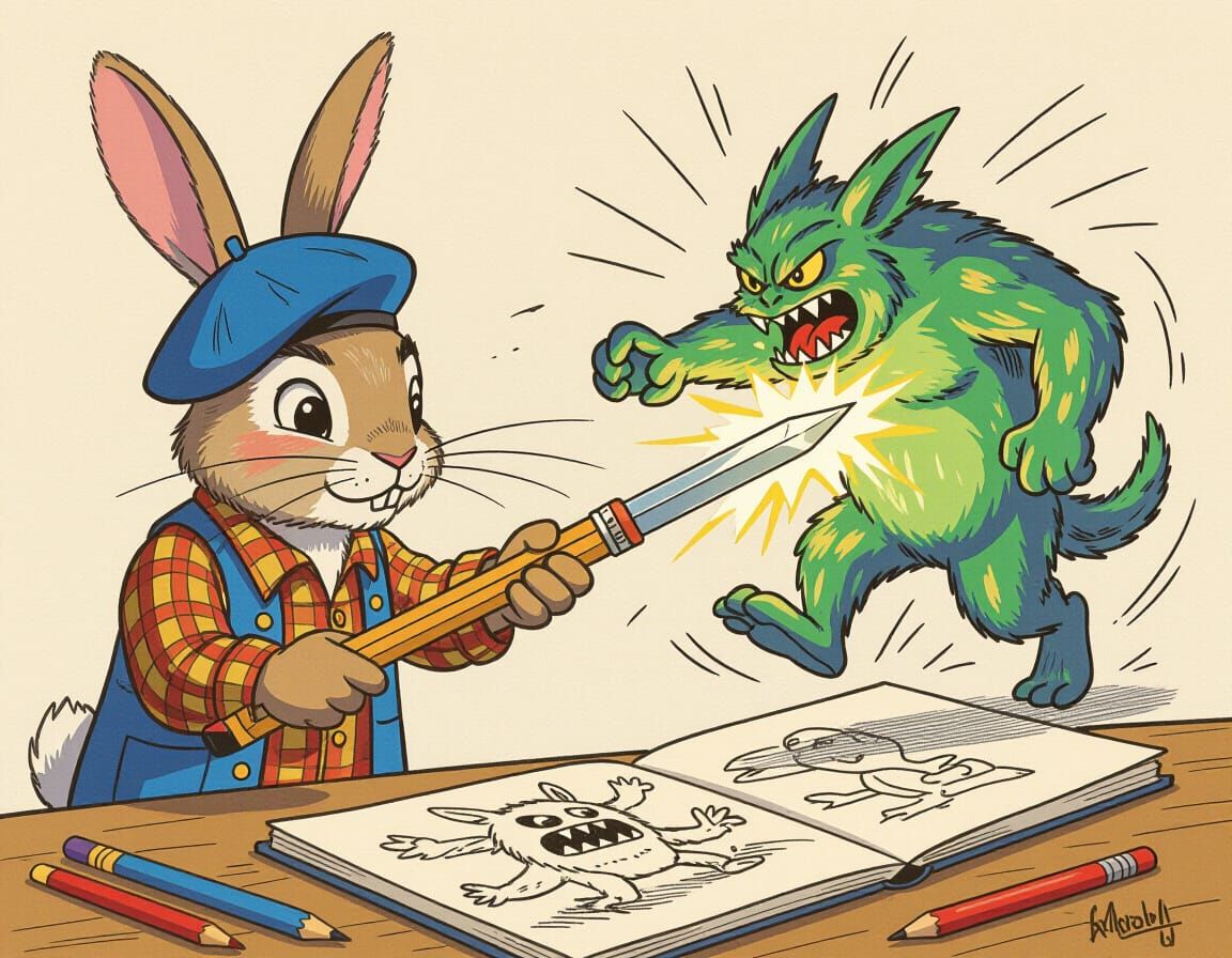Beatnik Rabbit Artist Fights Living Monster Sketch