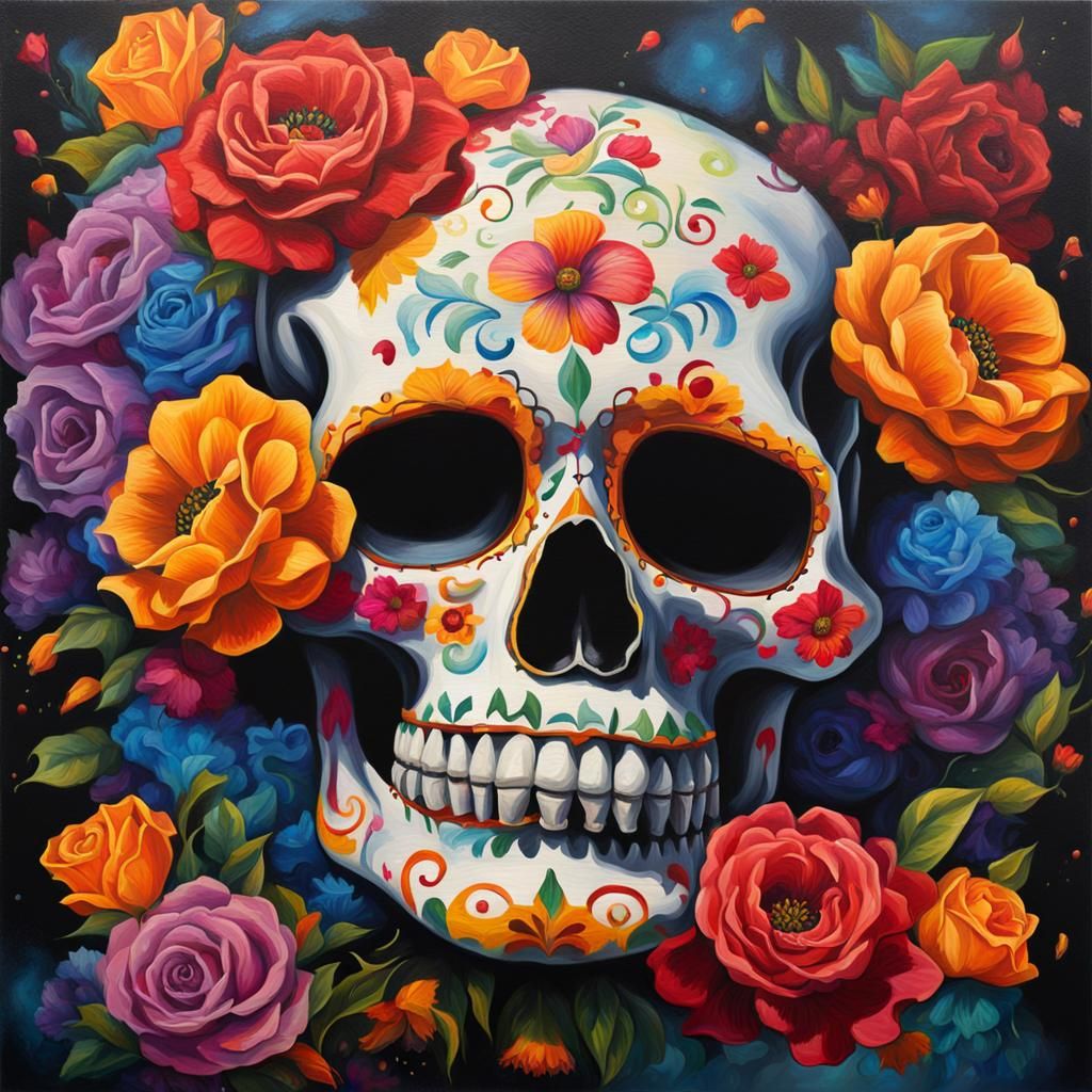 Colorful Sugar Skull with Flowers in Gothic Style