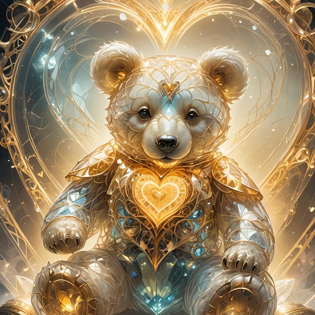 Glowing Glass Teddy Bear Portrait in Dark Fantasy Style
