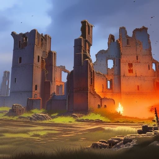 Castle Ruins After Modern War in Splash Art