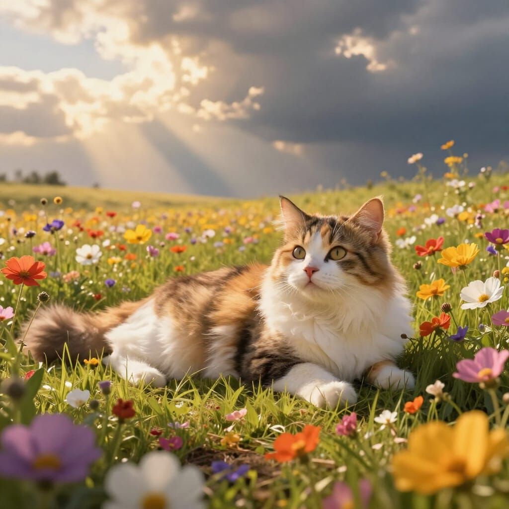 Adorable Fluffy Cat in Sun-Drenched Flower Field