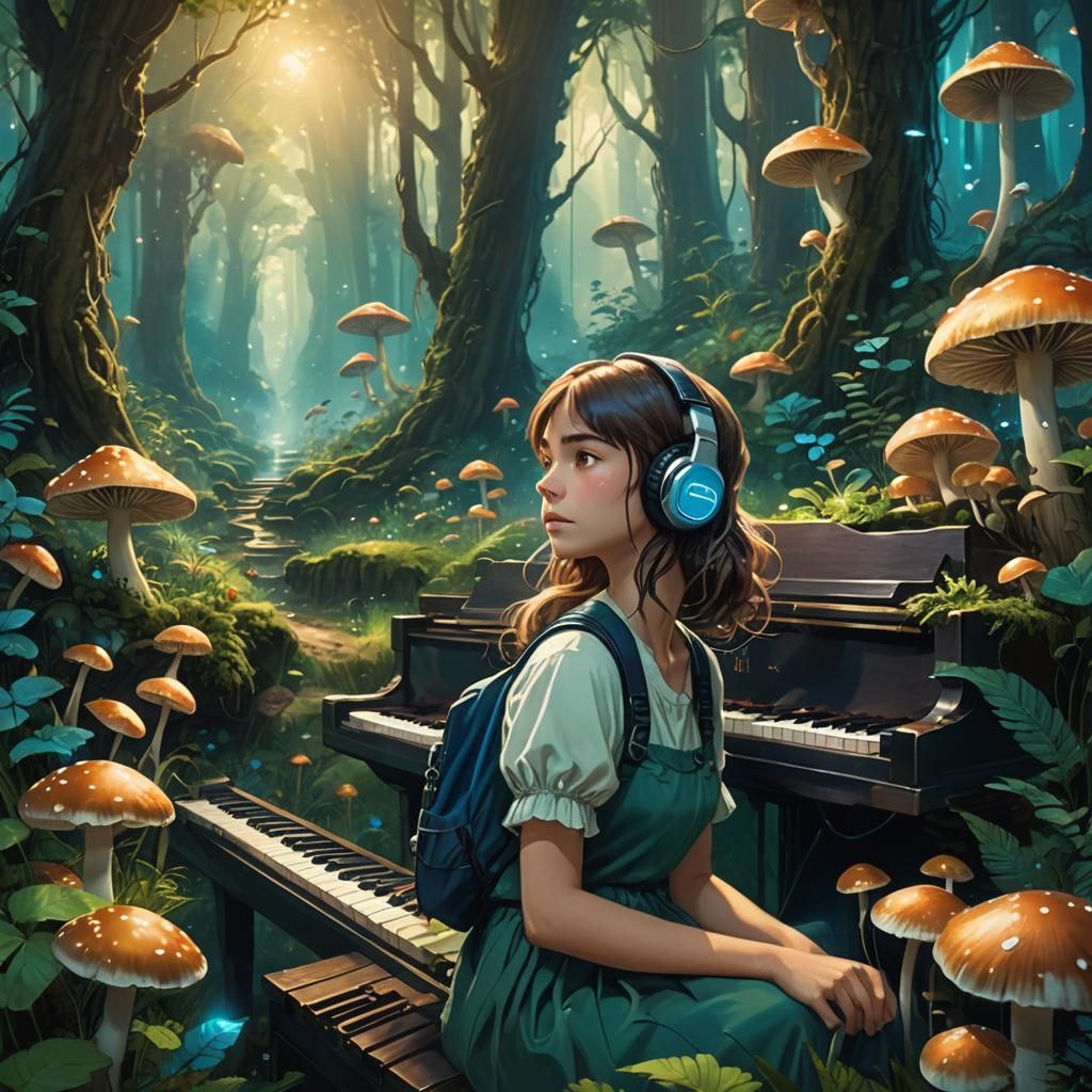 Ghibli Forest Dream: Piano Headphones in Fantasy Landscape