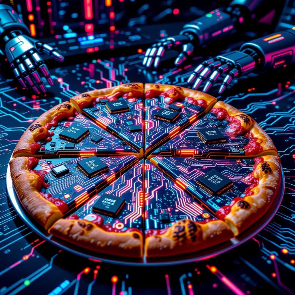 Cyberpunk Circuit Board Pizza with Neon Lighting