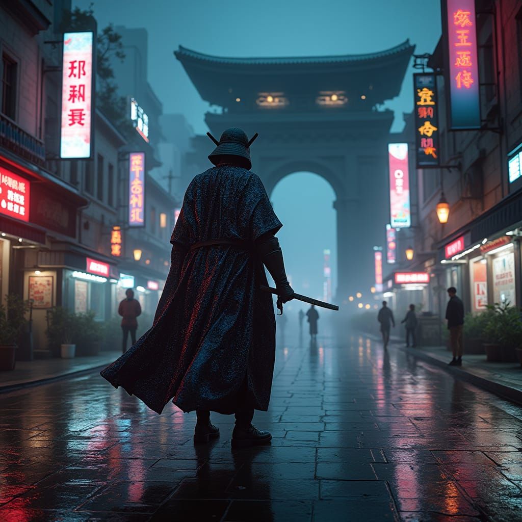 Cyberpunk Samurai Guards Temple at Night