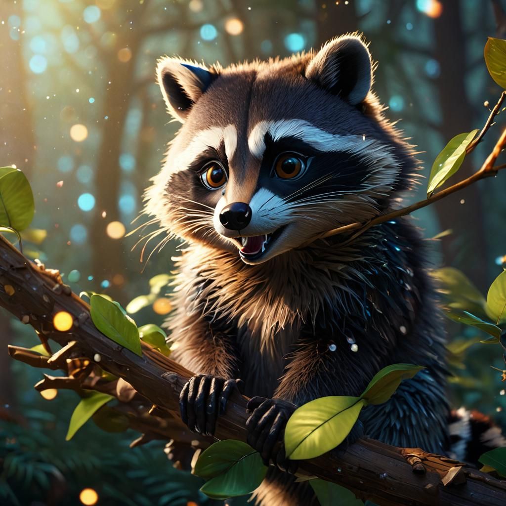 Smiling Raccoon in Iridescent Forest: Pixar Concept Art