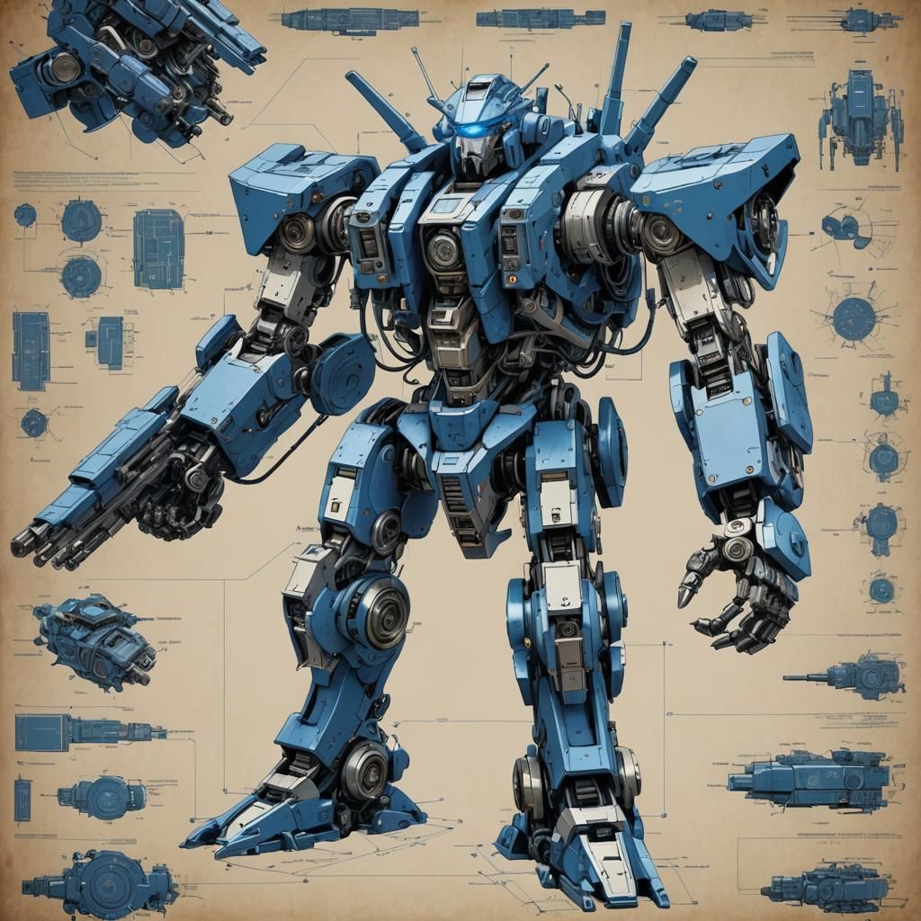 Futuristic Mecha Robot Blueprint Exploded View