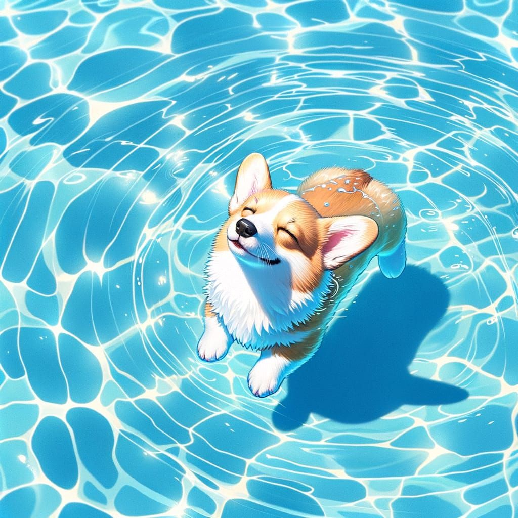 Corgi Backstroking in Japanese Animation Style