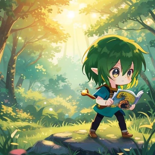 Chibi Link Reading Comic Book in Forest, Anime Style