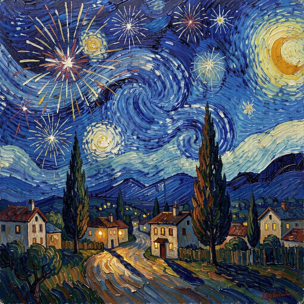 Swirling Night Sky Over Village in Van Gogh Style