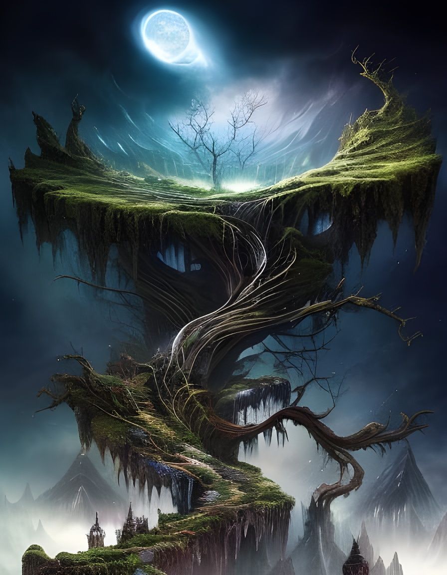 Dreamy Willow Tree Under Starry Sky, Detailed Gouache Painti...