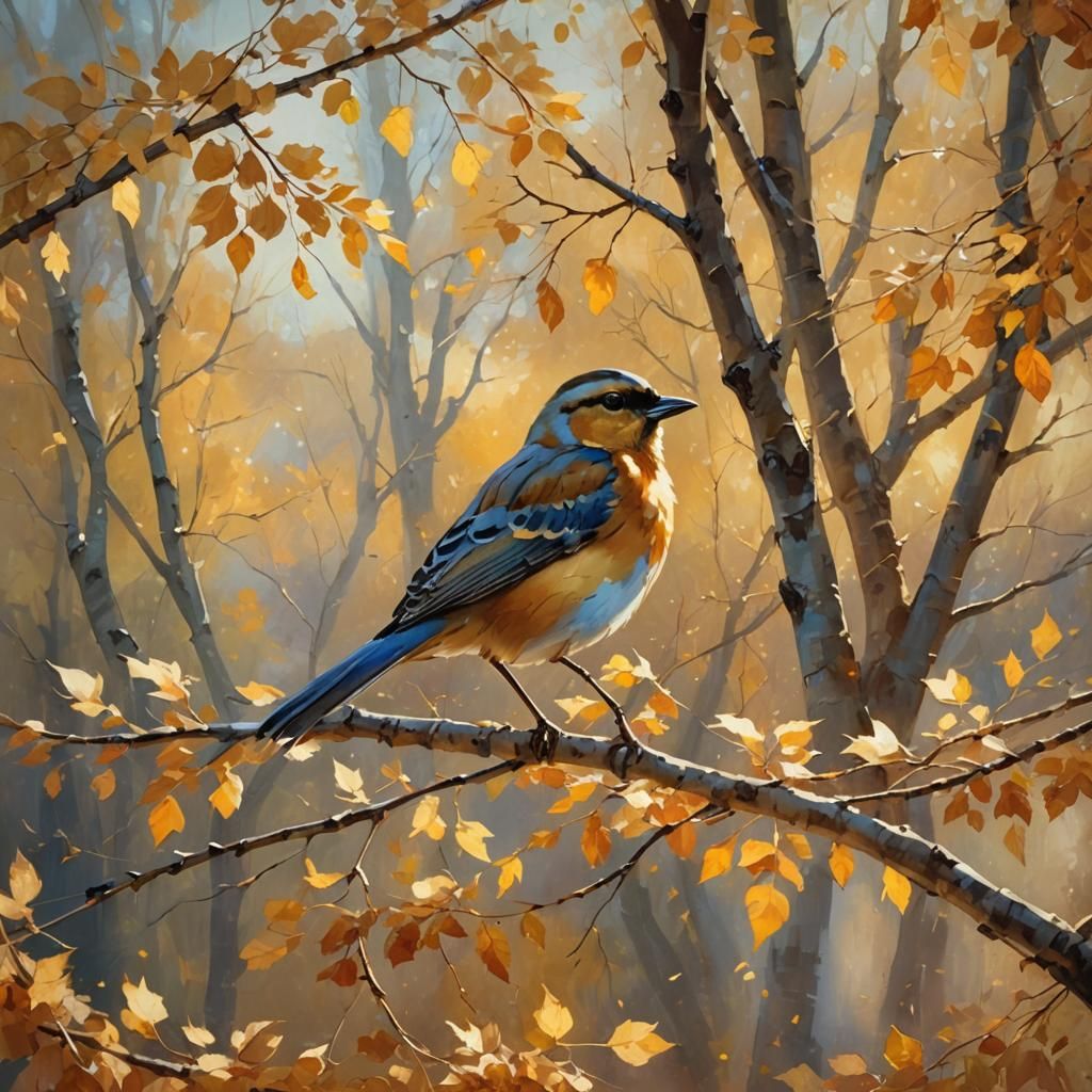 Autumn Bird in Impressionistic Style with Golden Light