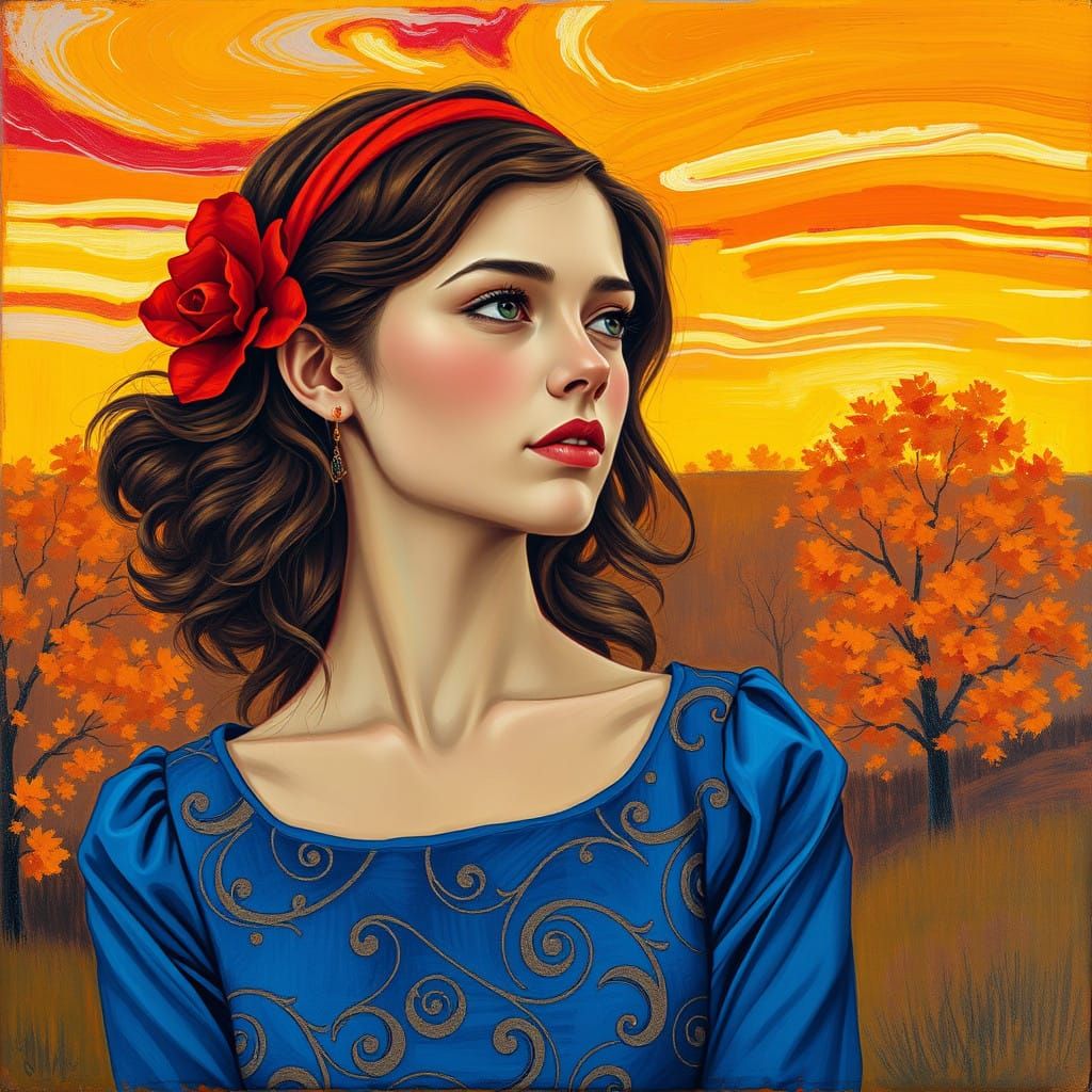 Contemplative Young Woman in Vibrant Blue Dress Amidst Autum...