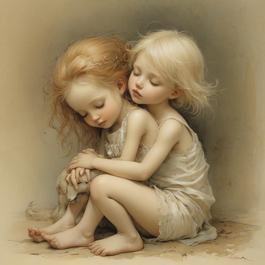 Little Sister's Tender Embrace in Whimsical Watercolor