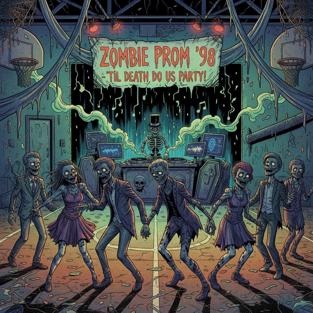 The high school gymnasium is hosting zombie prom night. styl...