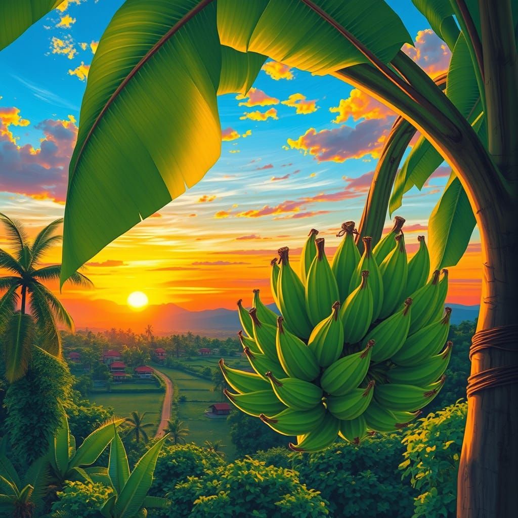 Vibrant Green Plantains Amidst a Frazetta-Inspired Southeast...