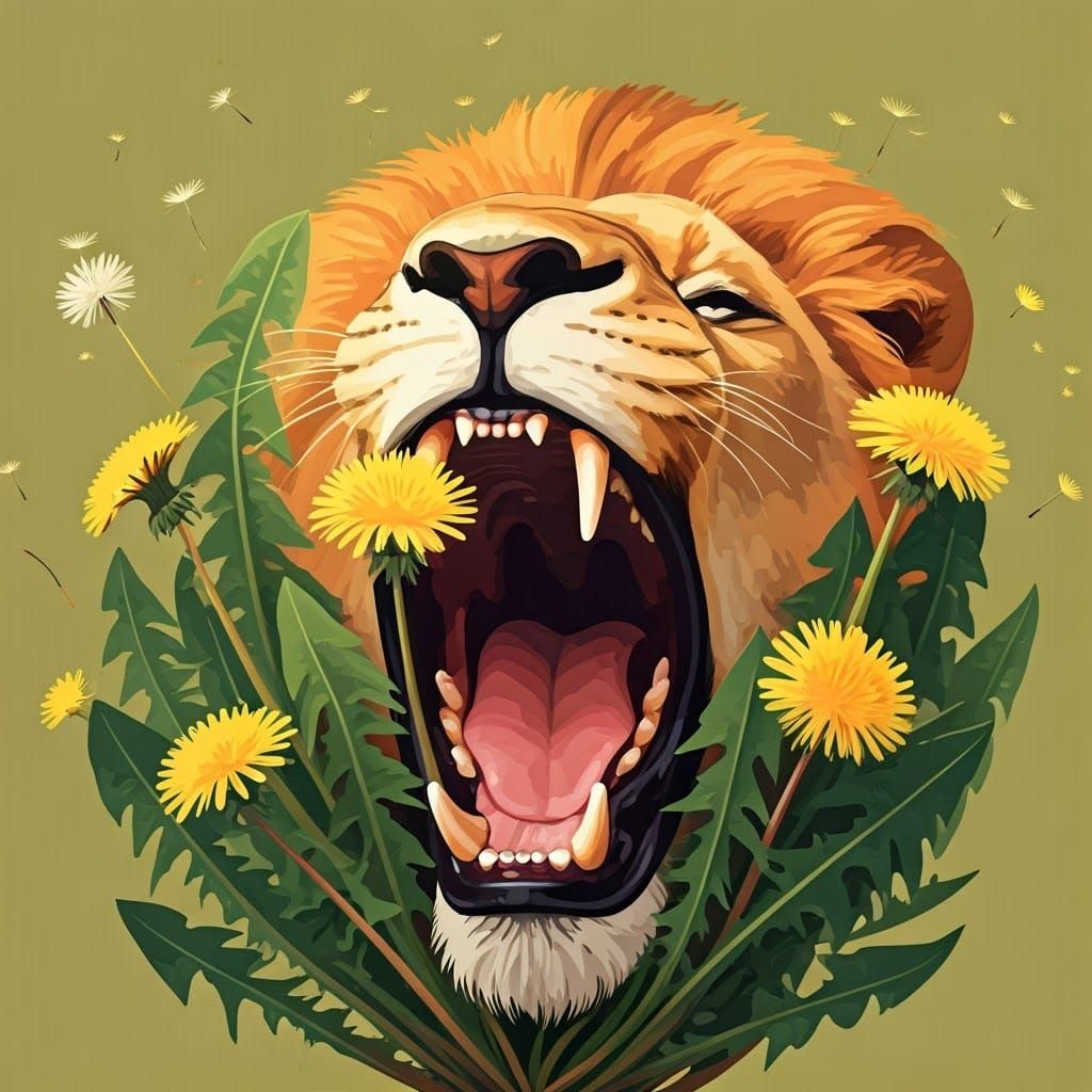 Whimsical Lion's Open Mouth with Dandelions in Vibrant Color...