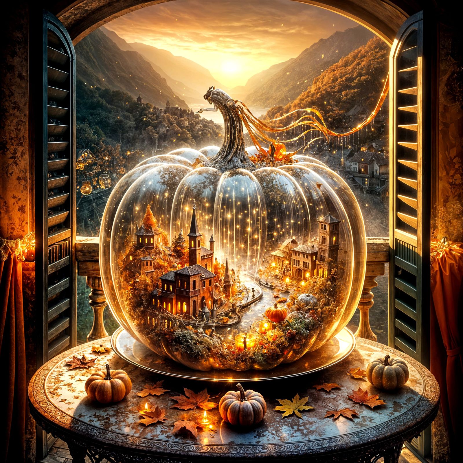 Magical Glass Pumpkin Village on Italian Balcony