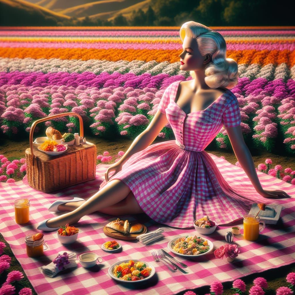 Vintage Hollywood Starlet Picnic in a Vibrant Floral Field