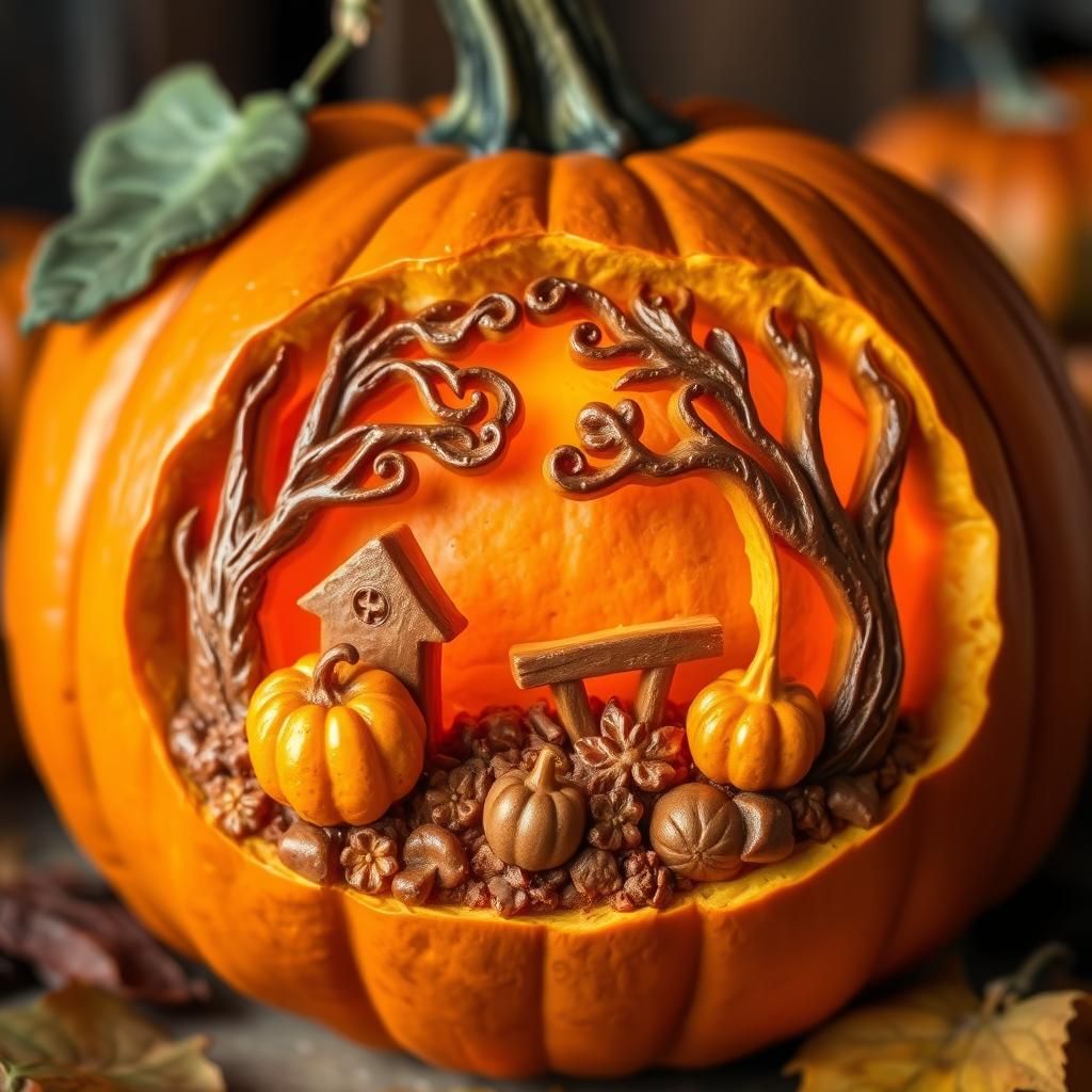 Detailed Pumpkin Carving of Autumn Scene