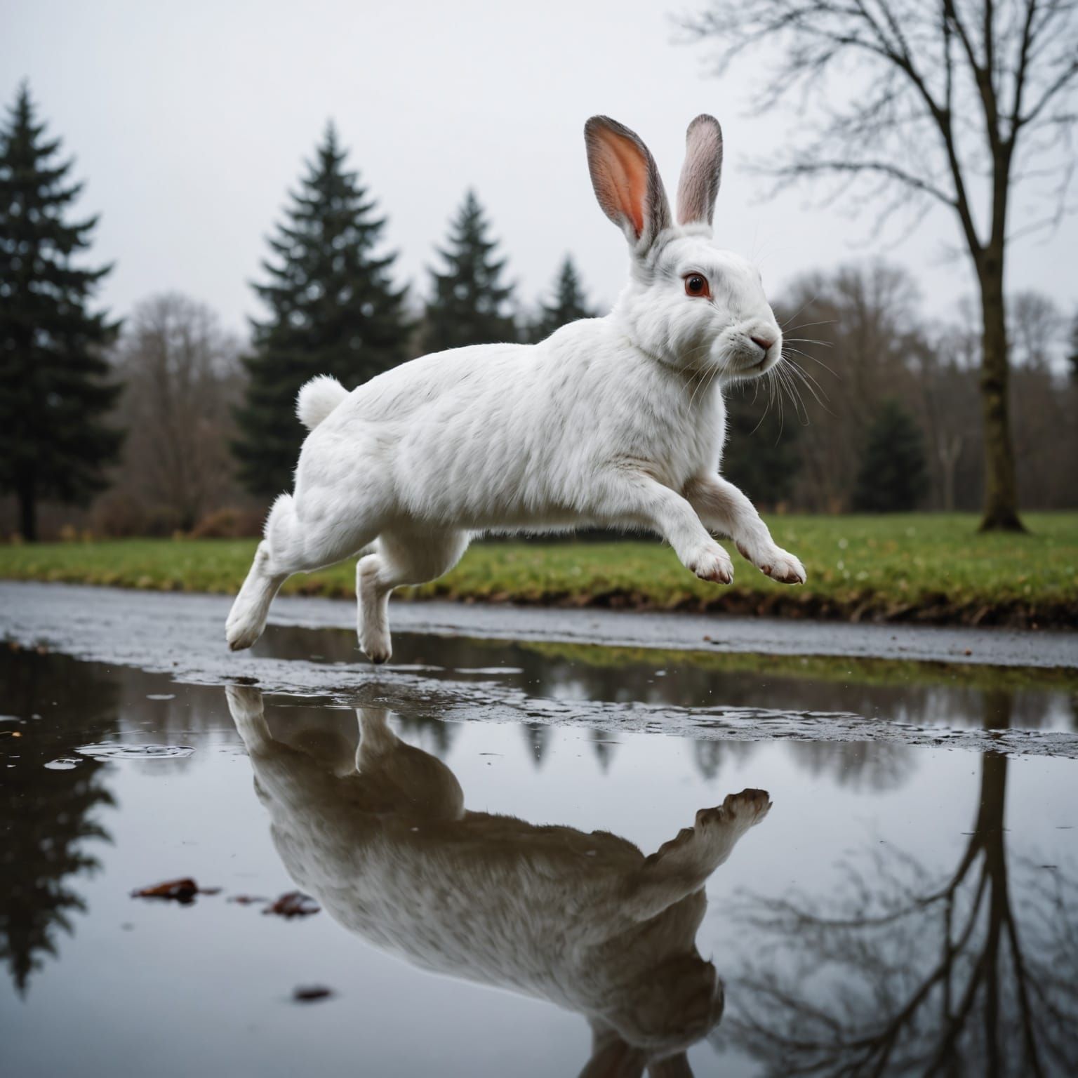 Muscular Snow White Bunny Leaping Over Puddle
