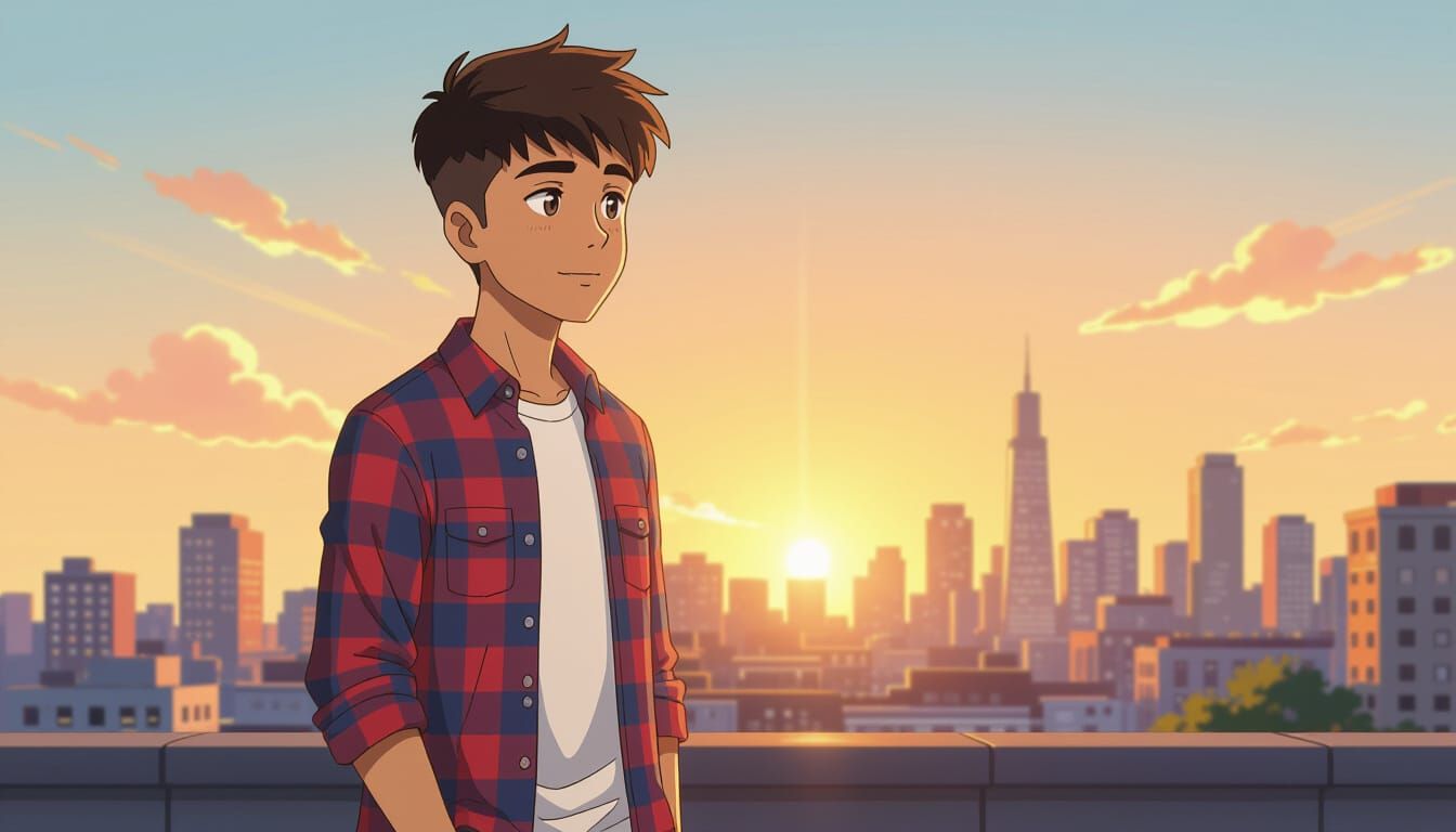Teenage Indian Boy on Rooftop at Sunrise, Anime Style
