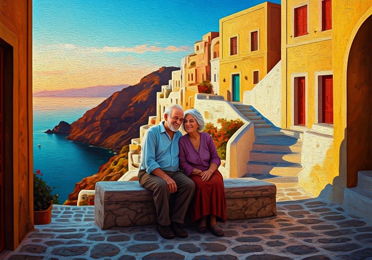 lora:Flux Oil and Glory:9.0
A very old man and a very old woman sit laughing on a bench in the city. Bright whites and d...